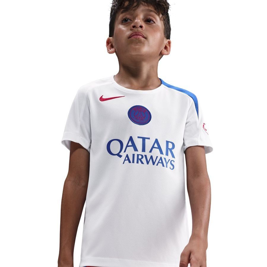 Paris Saint Germain Training T-Shirt Dri-FIT Strike 3rd - White/Hyper Royal/Global Red Kids-SoccerKits Hub | Buy Soccer Jerseys Online